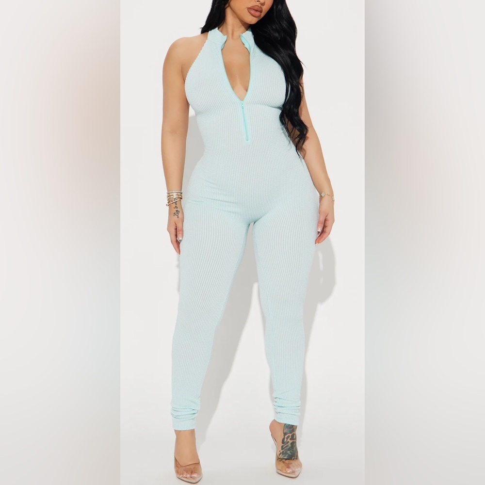 Fashion nova light blue ribbed jumpsuit